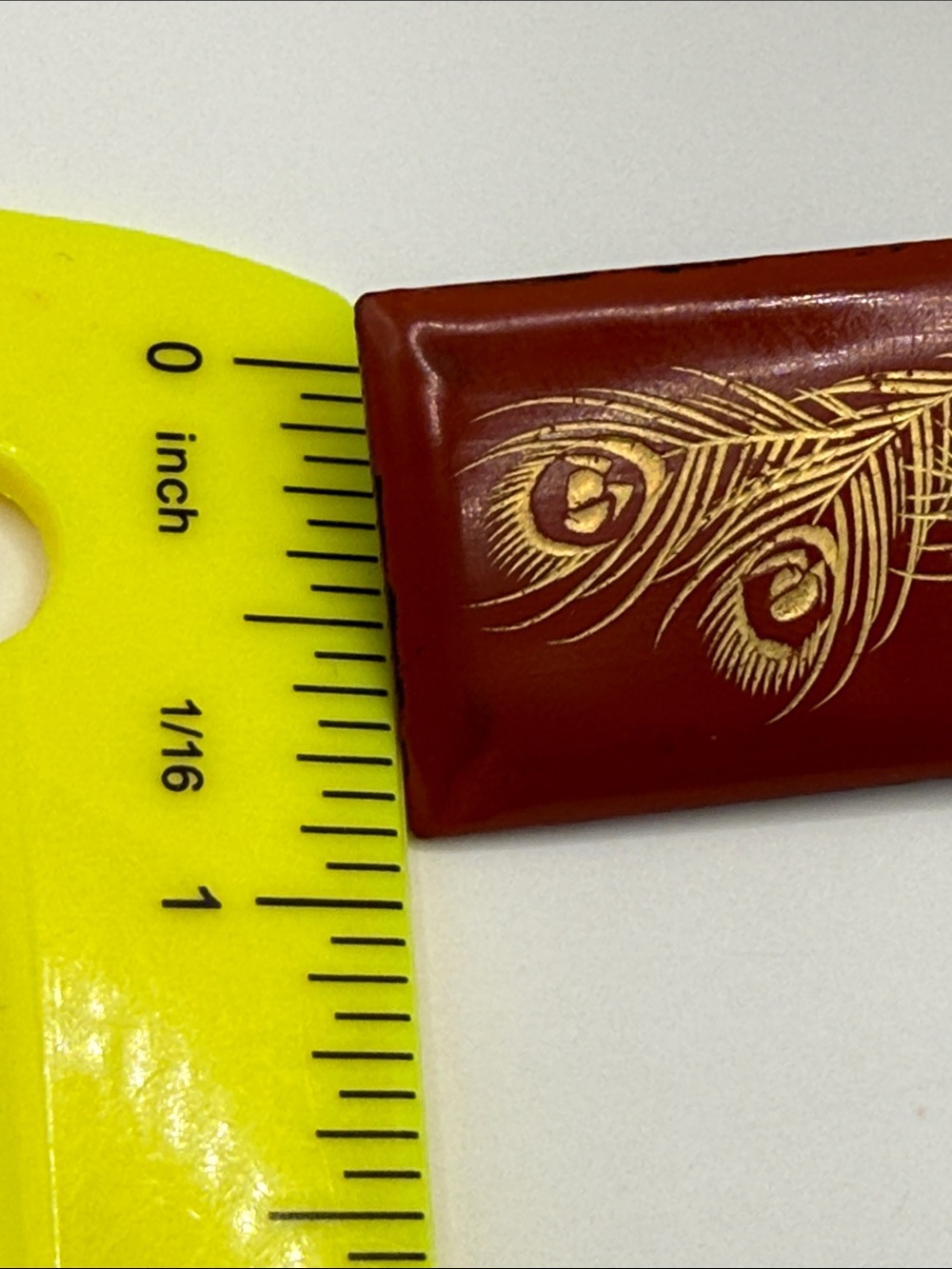 Antique lacquer Estate etched Peacock Feather Red Rectangular pin brooch deco - Picture 13 of 16